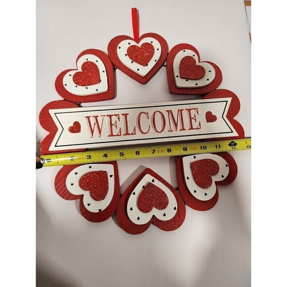 Valentine's Day Heart Wreath Door Hanger Sign Red White Glitter Wooden Welcome - Picture 3 of 9